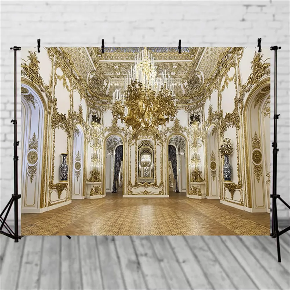 Cymbozin Luxury Palace Photography Backdrop Printed Gold Chandelier Carvings Princess Girl Birthday Party Photo Booth Background