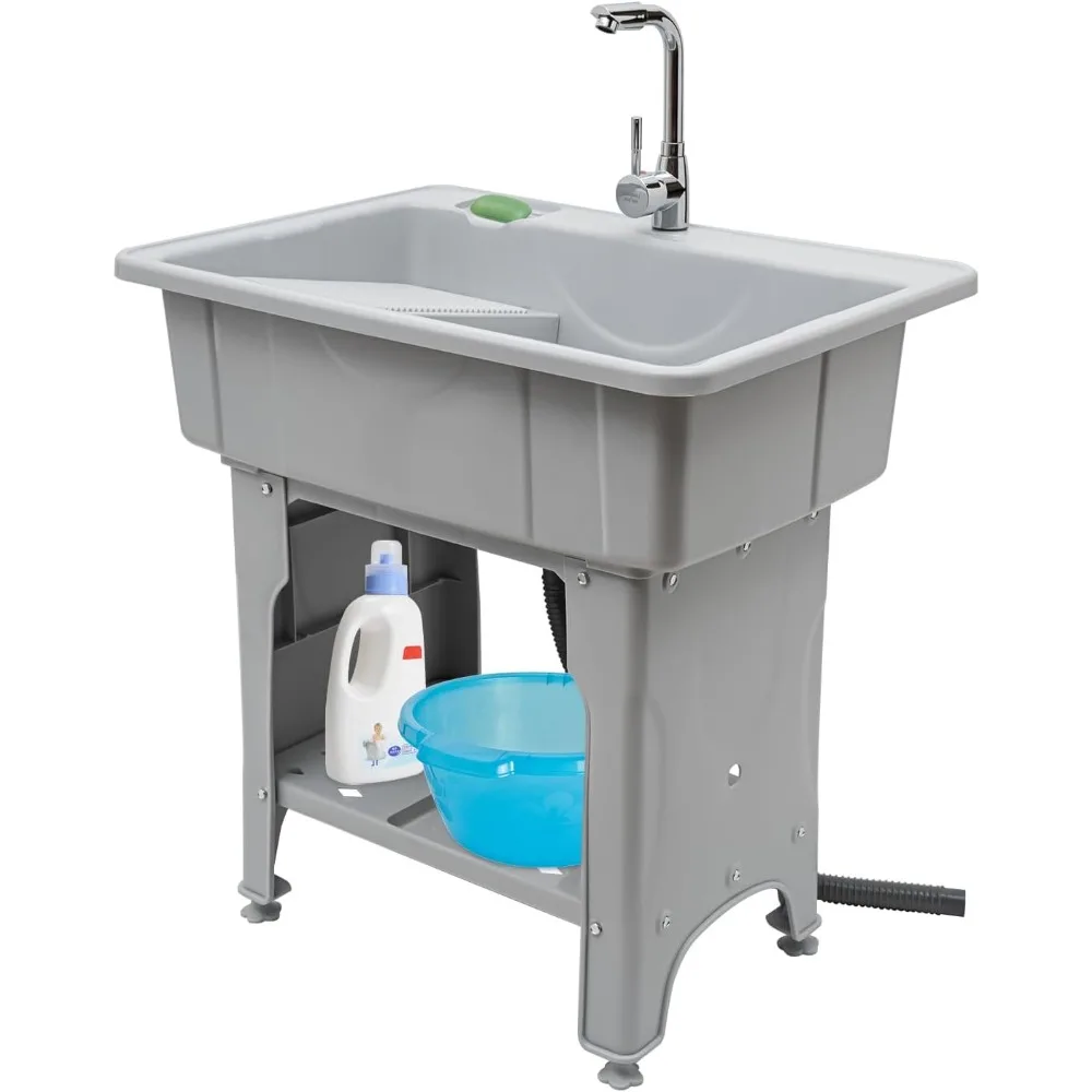 

Freestanding Plastic Laundry Sink, 31.5 * 22.05 * 31.5in Indoor Outdoor Utility Sink with Cold and Hot Water Faucet, Kitchen Sin