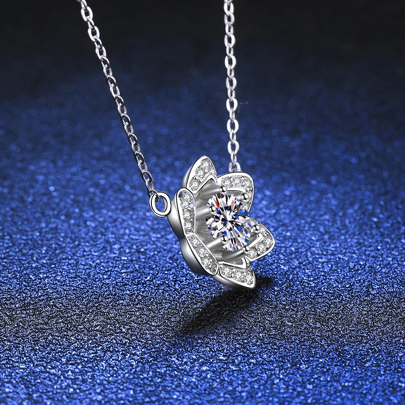 Kalung Liontin Bunga Matahari Moissanite Bersertifikat SEMNI 1.0CT untuk Wanita dan Gadis, Perak Sterling 925, Permata Cinta Berlian Imitasi