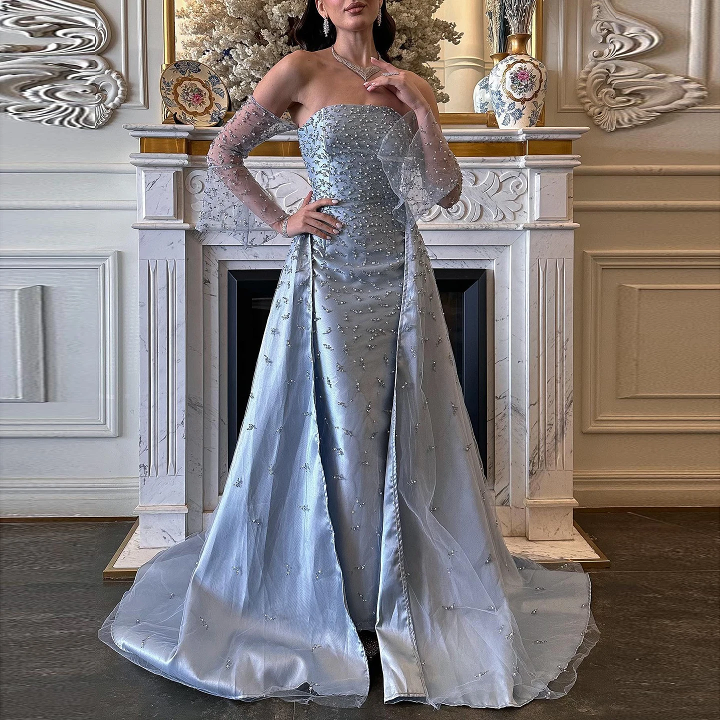 Sharon Said Silver Gray Luxury Dubai Evening Dress with Overskirt Sleeves Woman Wedding Party Prom Formal Gowns SS484 Customized