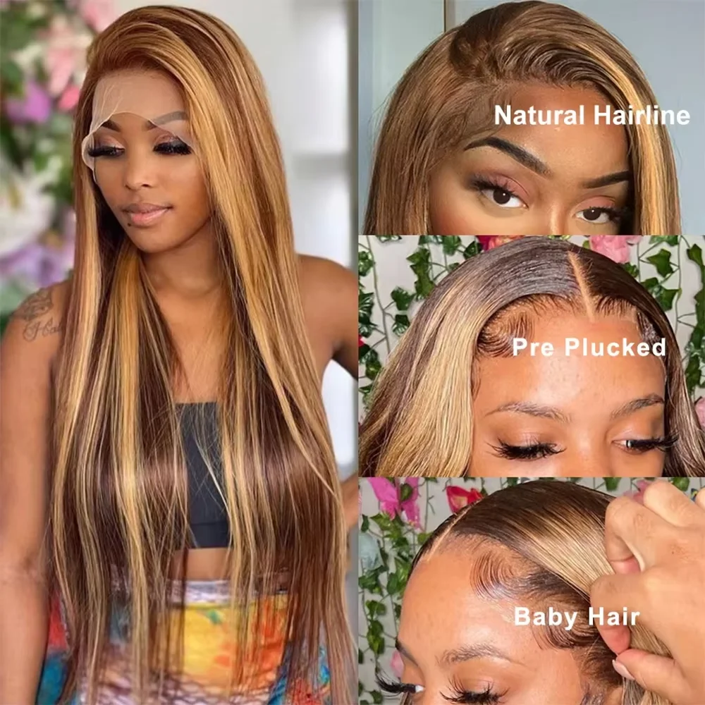 P4/27 Highlight Colored Human Hair Wig 13x4 13x6 HD Transparent Lace Frontal Wig Brazilian Remy Hair Pre Plucked Baby Hair 200% Density Long Wigs For Women 30 40 Inches view 4