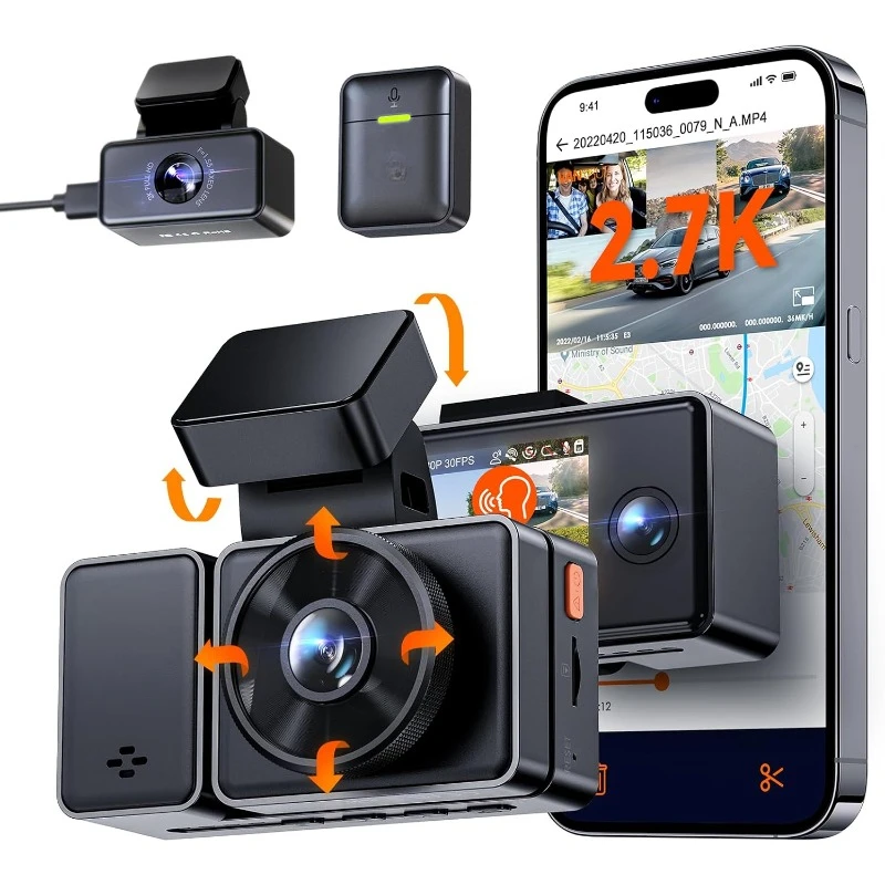 E3 3 Channel 2.7K WiFi Dash Cam with GPS, Voice Control, Starvis IR Night Vision, 24 Hour Buffered Parking Mode,