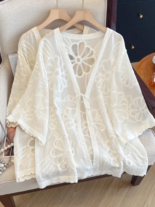 

Lace Embroidery Pure Color irt Jaet Large Size Women's Bal f Sve Belted V-Ne Sli Sun Protection Open Car...