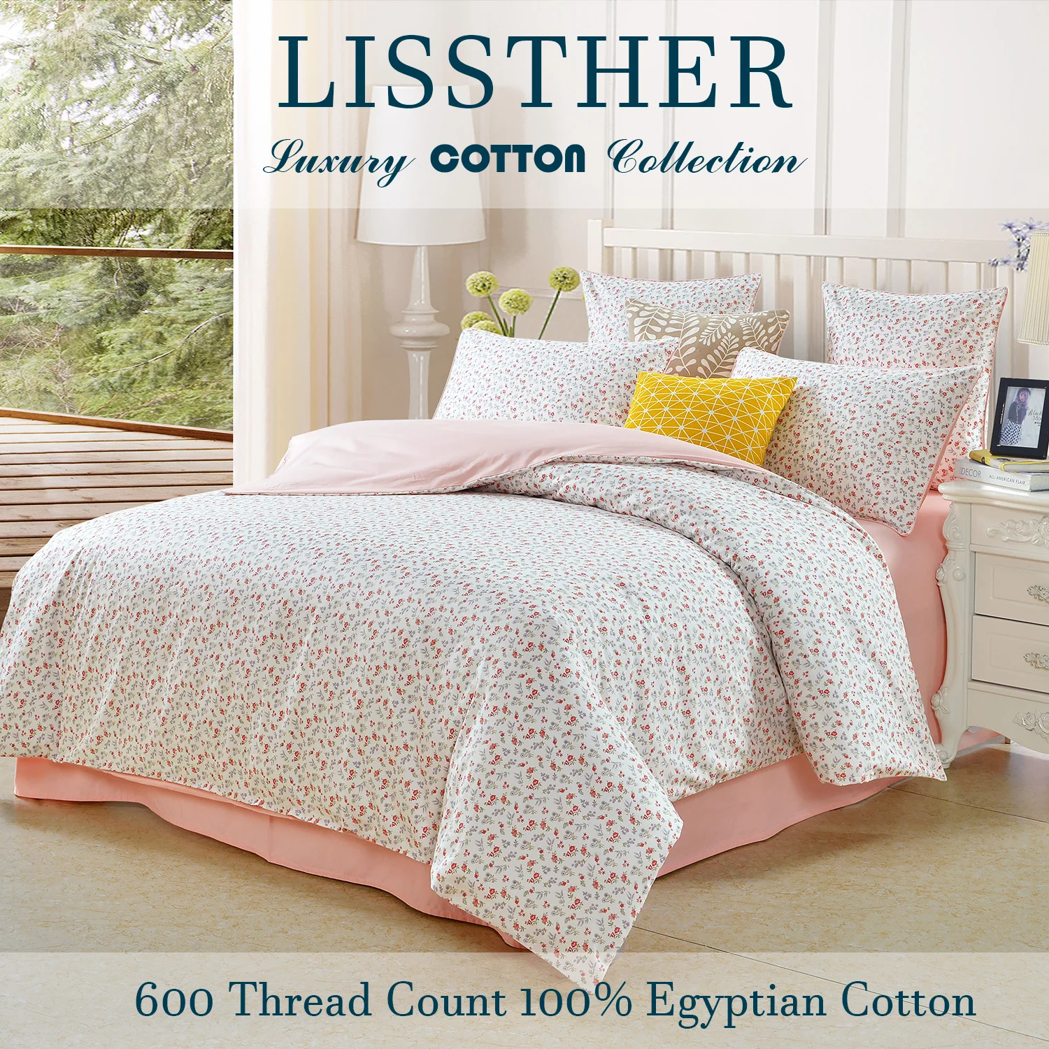 3pcs 600 TC 100% Egyptian Cotton Duvet Cover Set (Without Core), Tiny Garden Rose and Dandelion Floral, Soft And Skin-friendly