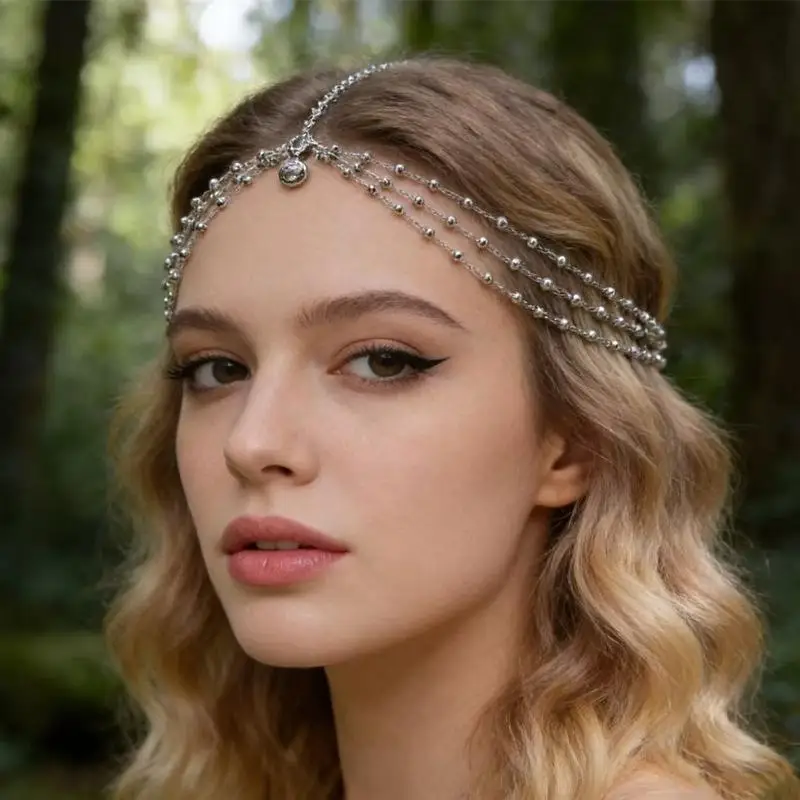 Fashion  Crystal Pendant Tassel Hair Chain For Women Exquisite Metal Geometric Multilayer Thin Head Chain Wedding Jewelry