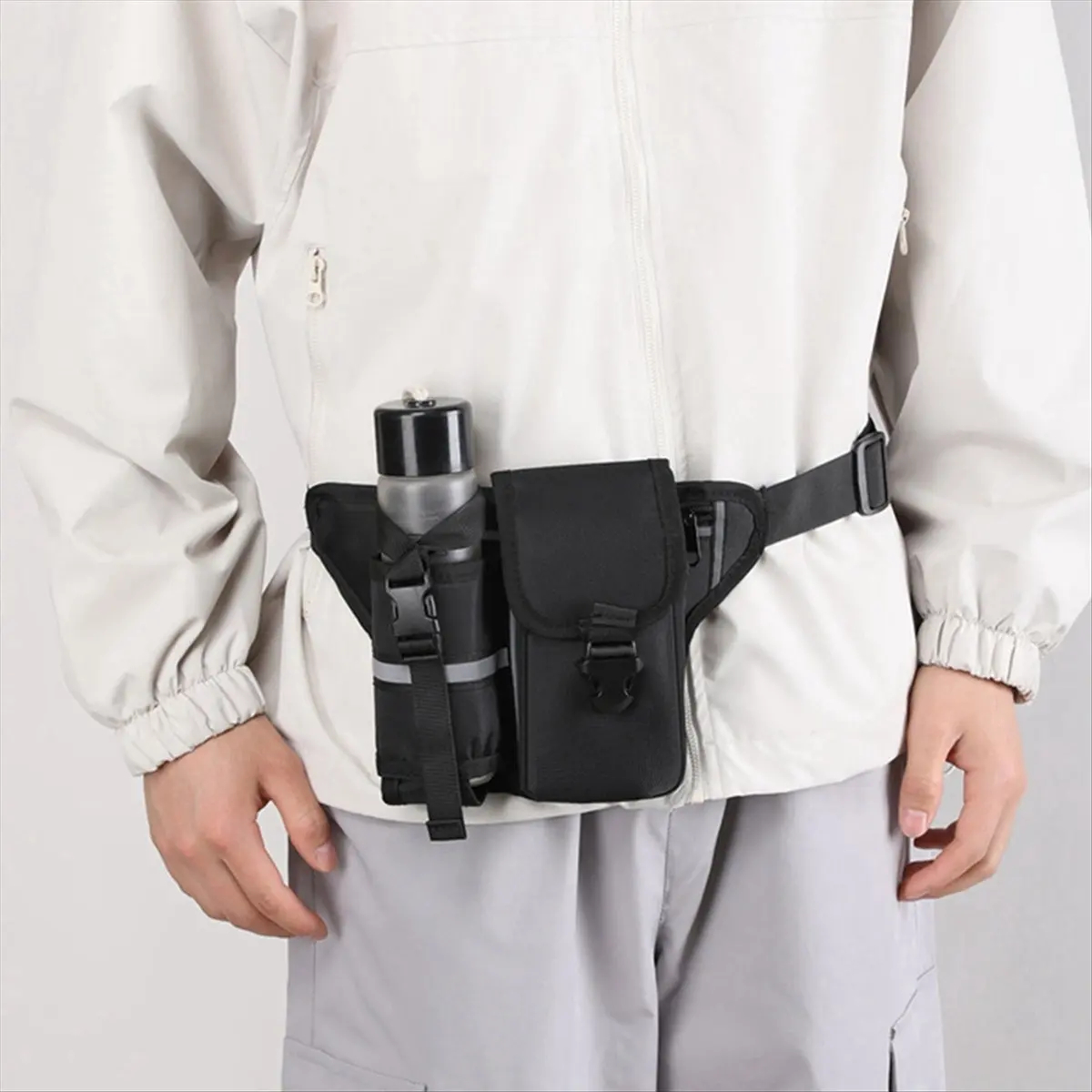 【RELAXATION】Waterproof Nylon Hiking Fanny Pack Sports Bum Bag with Bottle Holder Phone Sport Belt Waist Bags Khaki