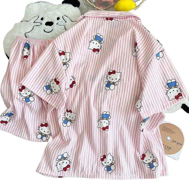 طقم بيجامات نسائي كارتون سانريو هالو كيتي شورت قصير الأكمام صيفي وردي أبيض مخطط ملابس منزلية بدلة نوم للطلاب