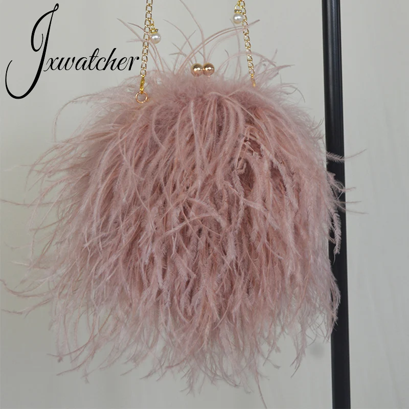 Jxwatcher Designer strusie pióra portfel wieczorowa torebka imprezowa damska kopertówki ślubne Lady Fashion łańcuszkowa torba na ramię torebka