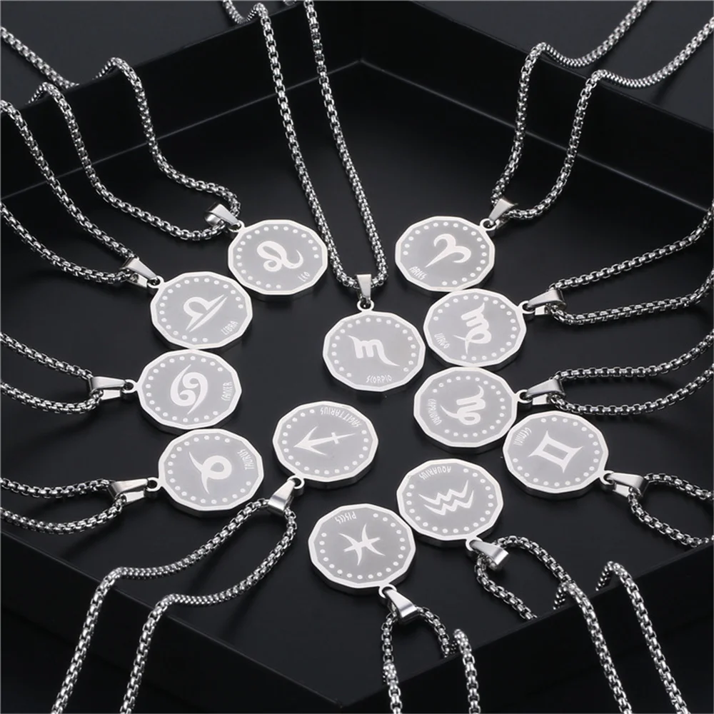 12 Zodiac Sign Horoscope Pendant Necklaces for Men Women Silver Color Aries Leo 12 Constellations Dropshipping Necklace Jewelry