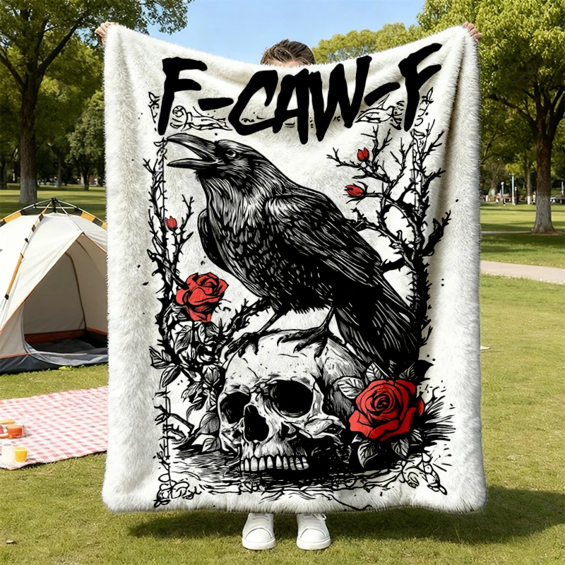 F-Caw-F Funny Crow Flannel Blanket, Gothic Raven Skull Flannel Throw, Vintage Tattoo Cozy Blanket