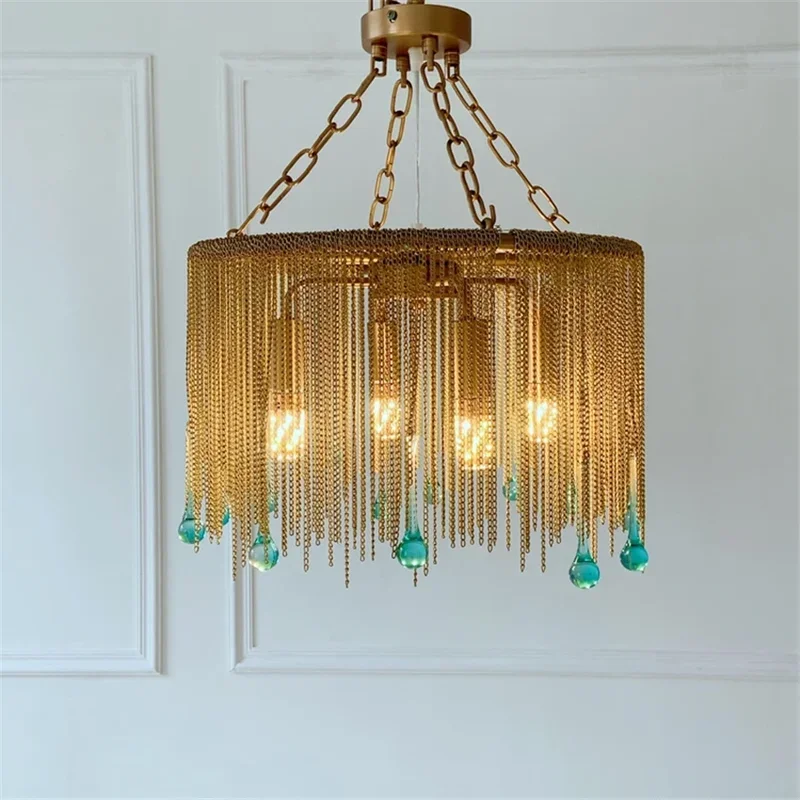 American Copper Chain Blue Glass Drop Chandeliers Lights Retro Luxury Living Room Bedroom Lamps French Dining Hanging Fixtures
