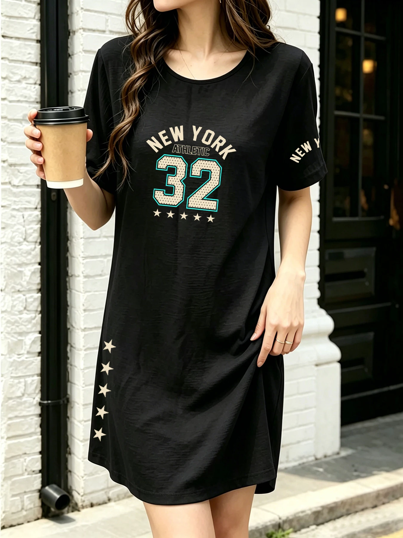 

Summer Thin Breathable Casual T-Shirt Dress New York No. 32 Printed Loose Mid-Length Dress with Star Embellishments