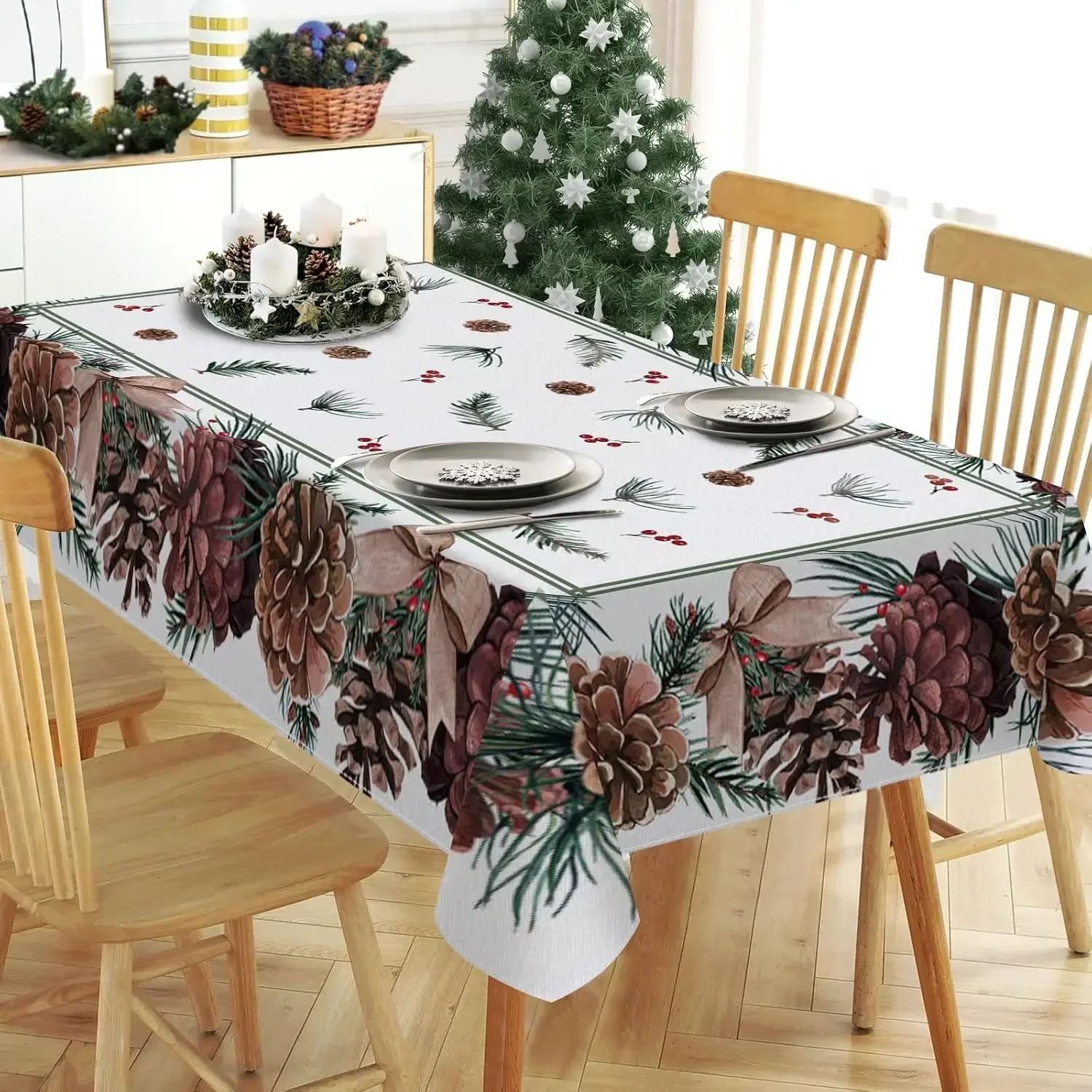 Christmas Pine Cone Needle Rectangle Tablecloth for Table Decor Washable Winter Kitchen Dining Table Runner Christmas Decoration