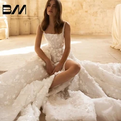 Romantic Glitter Tulle Wedding Dress With Elegant Square Neckline 3D Floral Appliques Bride Dresses High Side Slit Robe De Marie