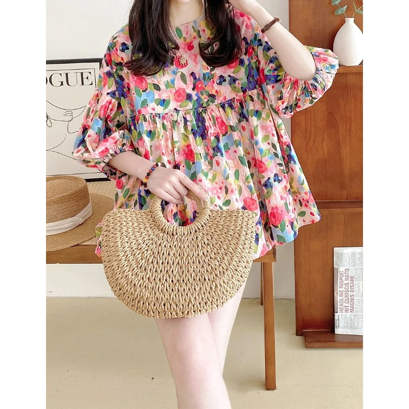 O-neck Floral Sweet Loose Shirt Tops 3/4 Sleeve All-match Youth Printing Korean Blouse Summer New Fashion Elegant Women Clothing