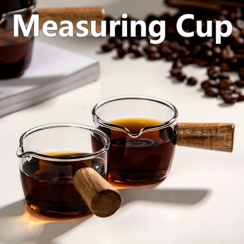 50/75ml Espresso Measuring Cup with Wood Handle Glass Single Mouth Mini Milk Jug Multi-function for Household Coffee Supplies