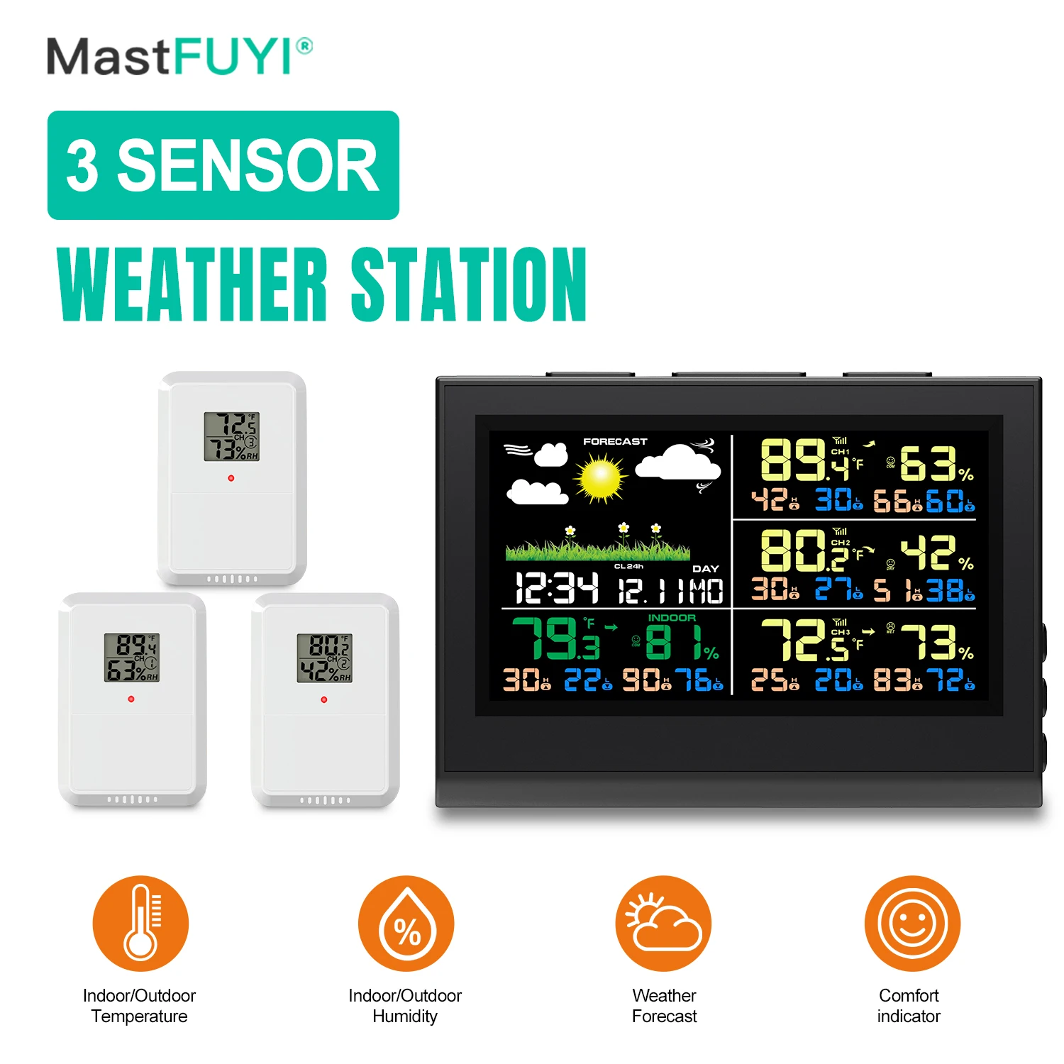 

MASTFUYI Метеостанция с 3 датчиками Настольные часы с HD-дисплеем 5 дюймов Прогноз погоды Термометр-гигрометр для помещений и улицы