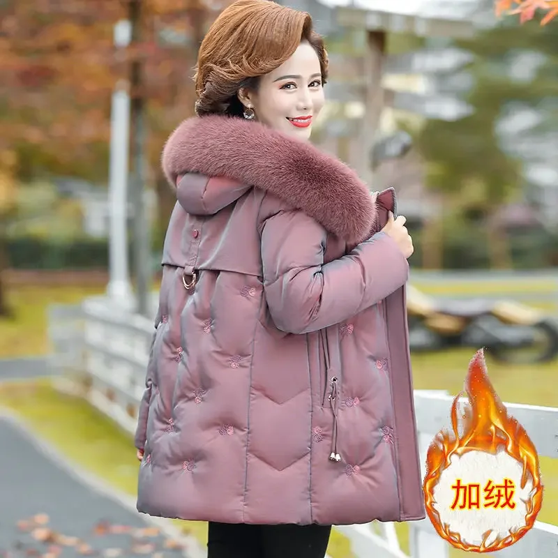 Middle-aged Mother Winter Embroidered Warm Jacket Plus velvet Thicken Parkas Outwear Fashion Loose Cotton Fur collar Hooded Coat