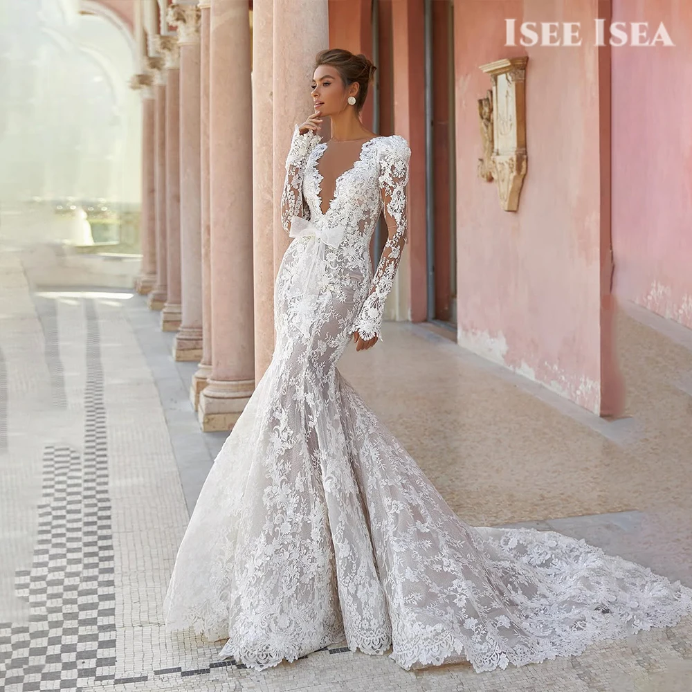 

White Lace Mermaid Wedding Dress Lace Long Sleeve Bridal Gown Deep V-Neck Vestido De Novia Vintage Church WeddingCustomized