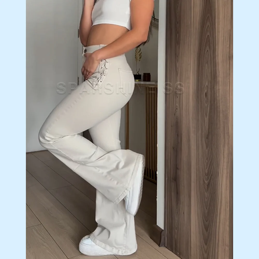 Kobiety Eleganckie Rozkloszowane Spodnie Wysoka Talia Moda Jeans Push Up Denim Spodnie Slim Fit Sexy Streetwear Ladies Casual Stretch Pants