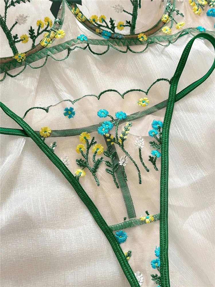 Sexy Bra Brief Sets for Women Embroidery Floral Romantic Lingerie Green Transparent Lace Underwear Thong See Through Exotic Set