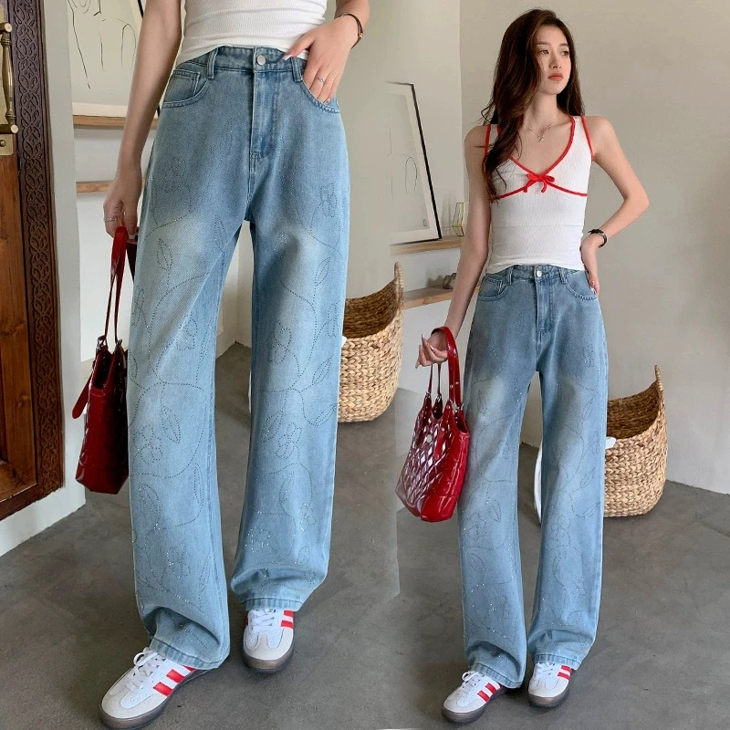 

Женские джинсы с цветочным узором и стразами, прямые, свободные, в корейском стиле, весна 2026, новые, повседневные, винтажные брюки