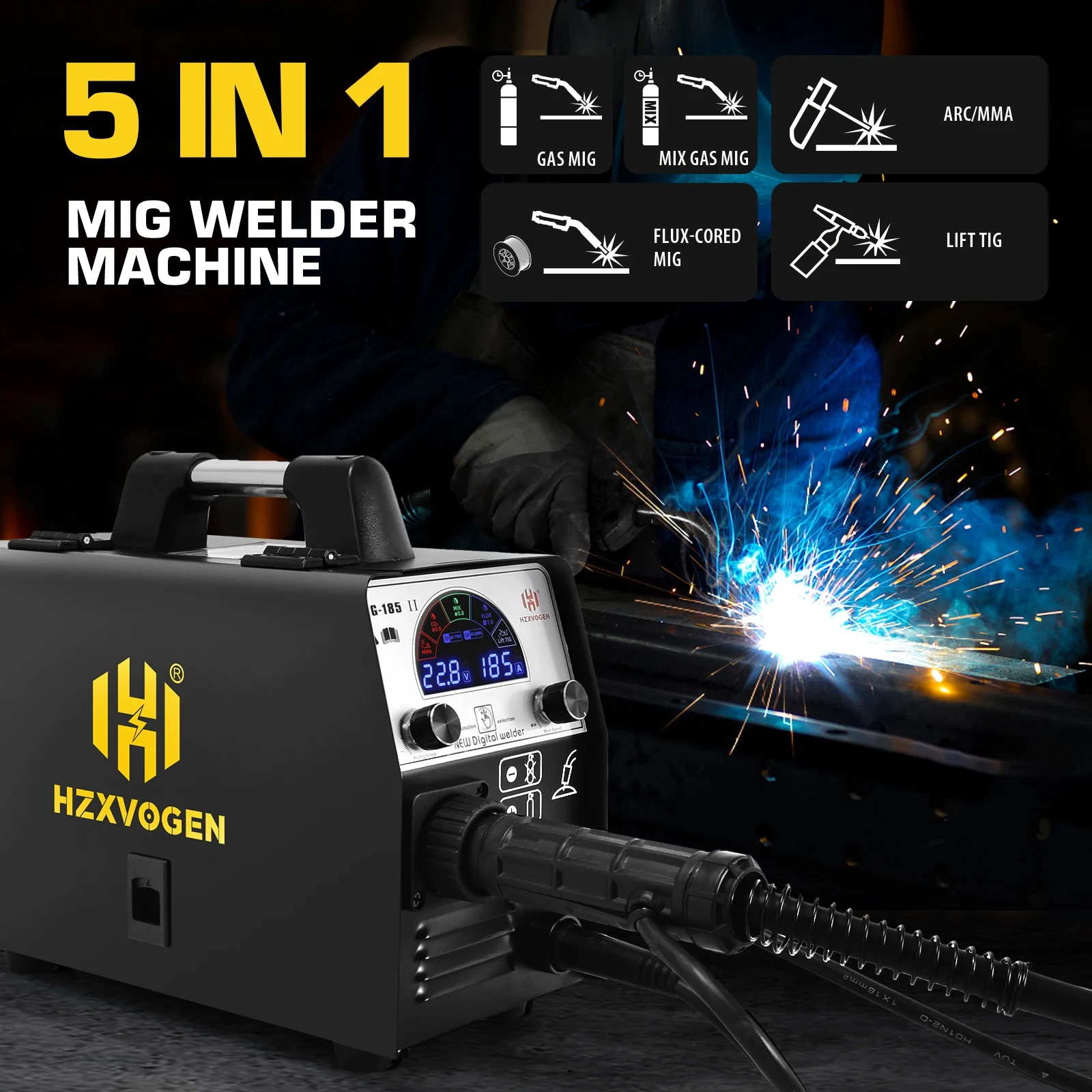 HZXVOGEN Welding Machine MIG185II 5 in 1 MIG Semi-Automatic IGBT Inverter Gas MIG Gasless MIG TIG ARC/MMA Non-Gas Welder