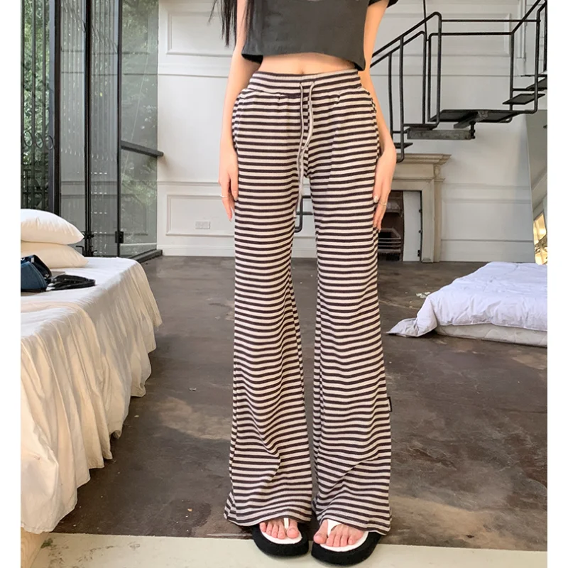 

Women's Bottoms Black Stripe Sweatpants Fashion High Waist Straight Pants Casual Baggy American Summer Female Wide Leg Trouser
