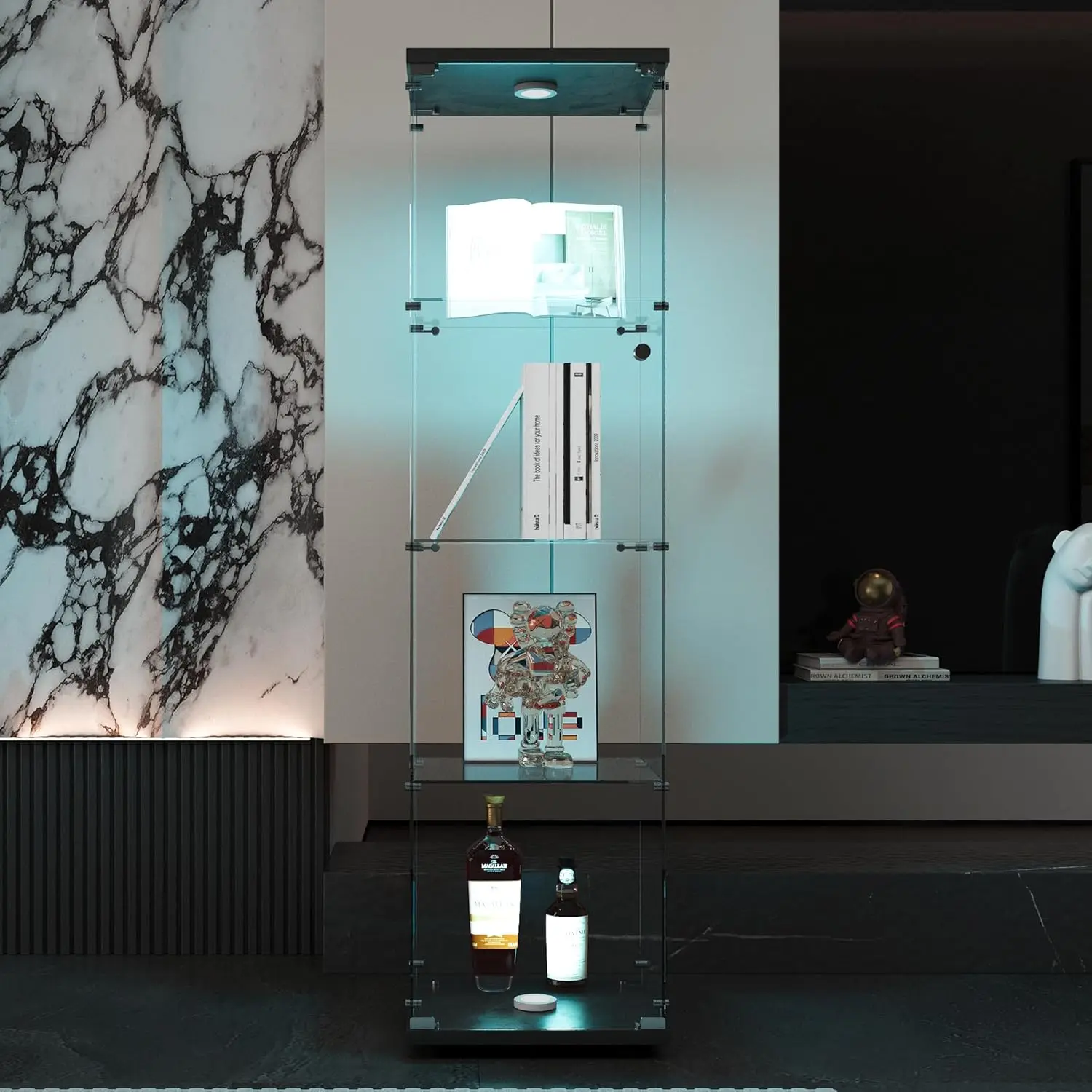 Vitrine de vidro com luz LED, estilo de instalação rápida, armário Curio de 4 prateleiras, estante de vidro temperado de 5mm para sala