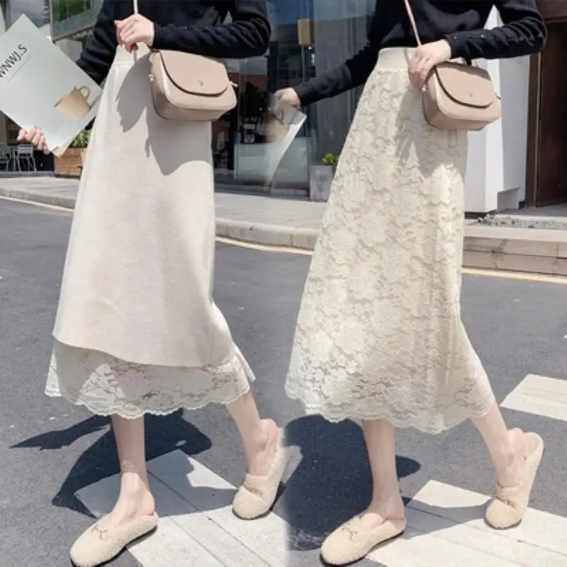

Two Sides Can Wear Knitted Skirts in Autumn and Winter 2025 Autumn and Winter Lace Long Mesh A-word Women's Long Skirt