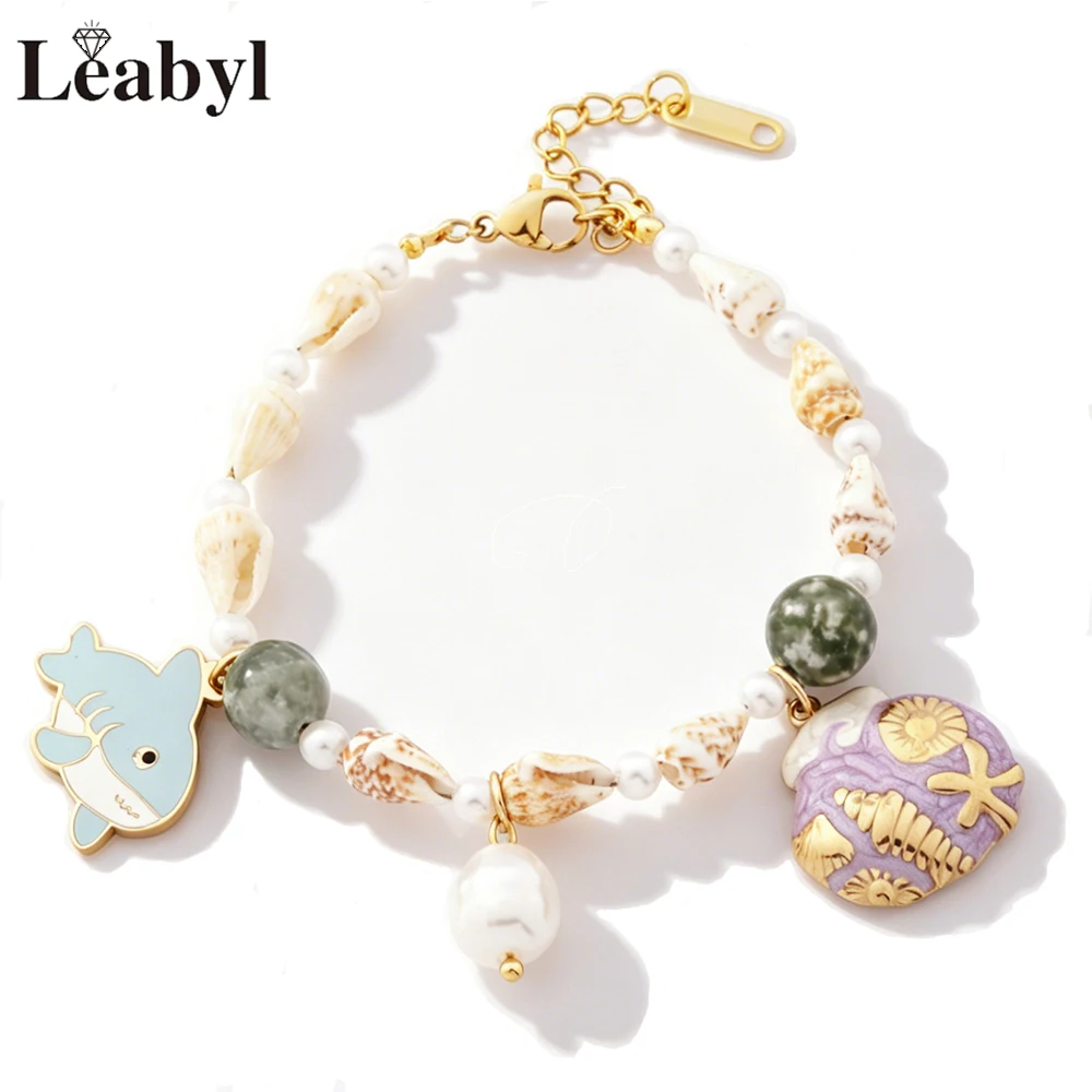 

Boho Ocean Shark Seashell Pearl Charm Pendant Bracelet 14K Gold Plated Marine Life Adjustable Jewelry for Casual Beach Gift