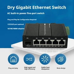 Fonte de alimentação CA com entrada ampla de tensão integrada, Ethernet de nível industrial, 100M Gigabit, Switch de rede DIN-Rail de 5 portas