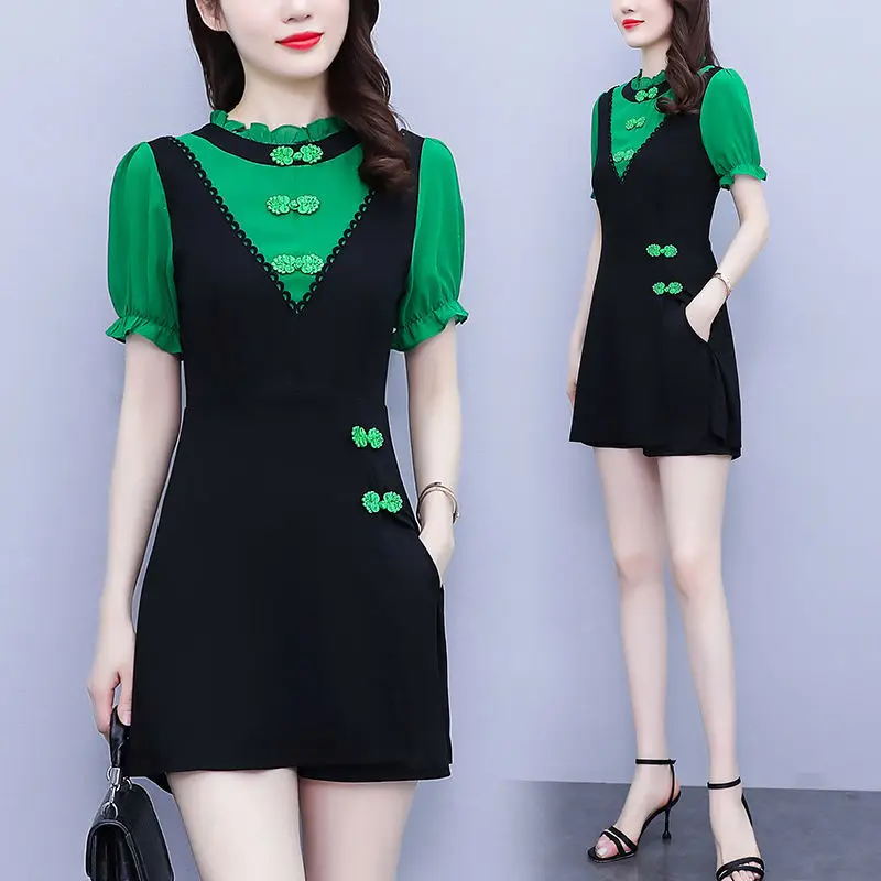 2024 Sommer neue Cheong sam Kleid Outfits Patchwork Split Kleid und Shorts zweiteiliges Set passt zu weiblichen chinesischen Retro Patchwork-Set