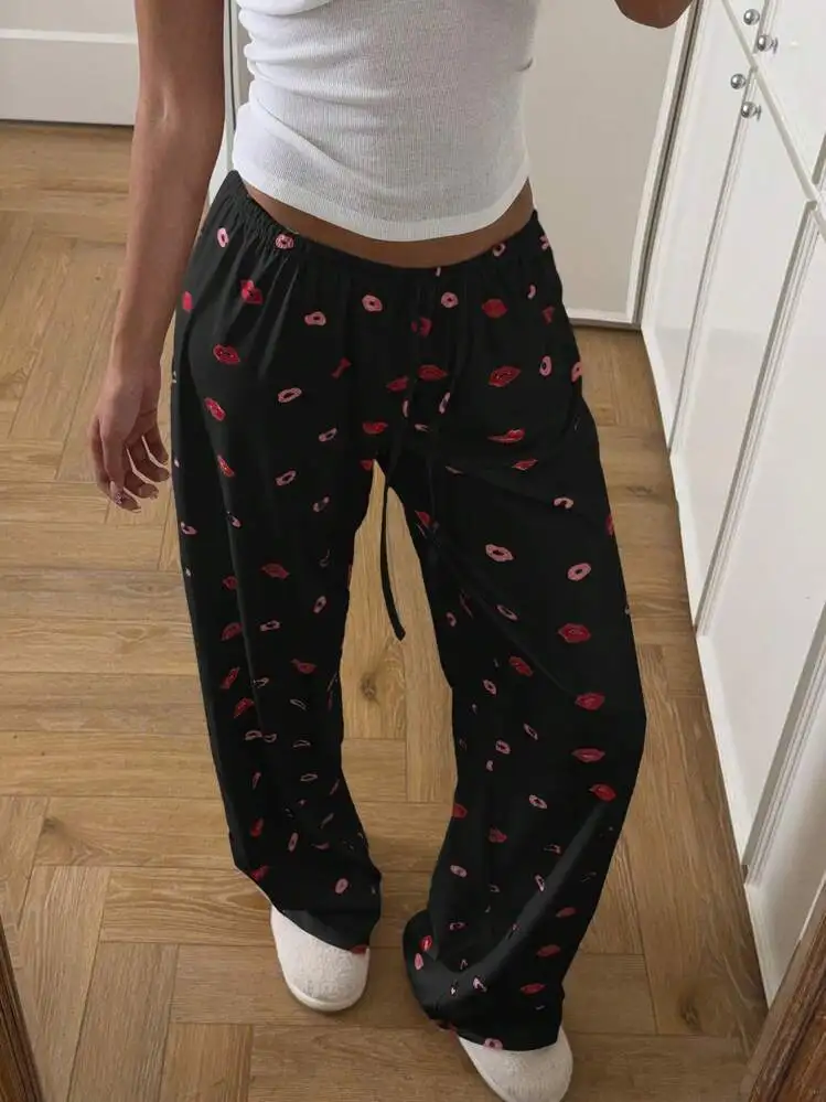

2025 new lip print lace up straight leg pants for summer sweet girls with a slimming and loose casual look
