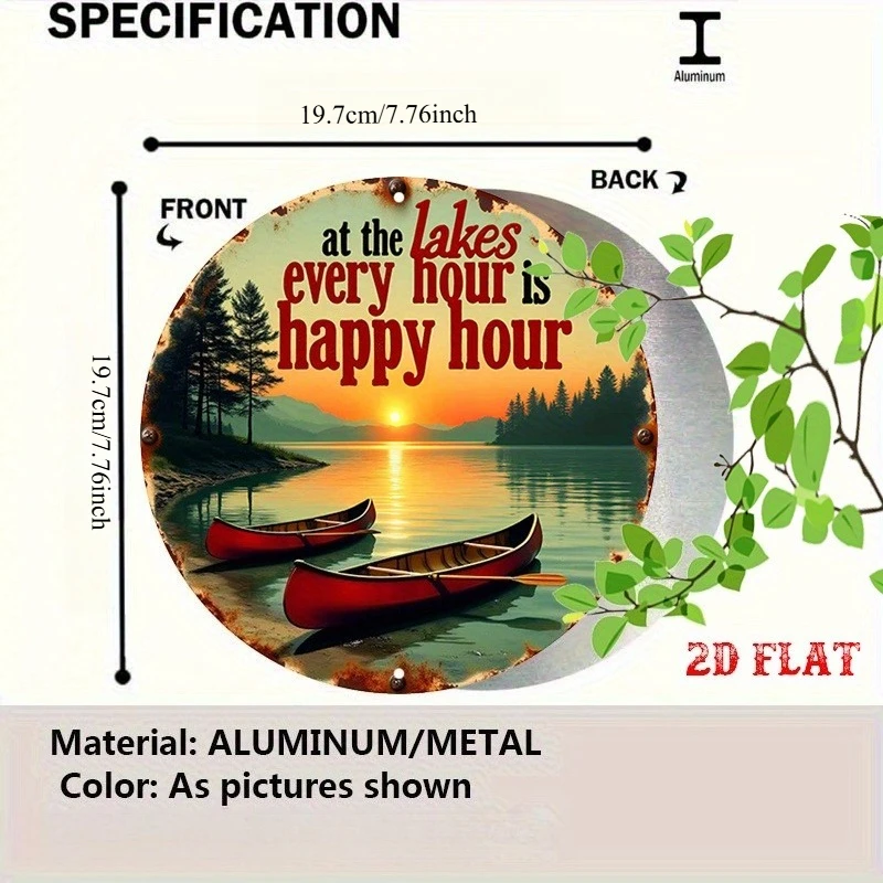 Vintage Lakeside Sunset Metal Wall Art—Round Cottage Decoration with Red Canoe and the Quote “Every Hour Is Happy Hour at the Lake”