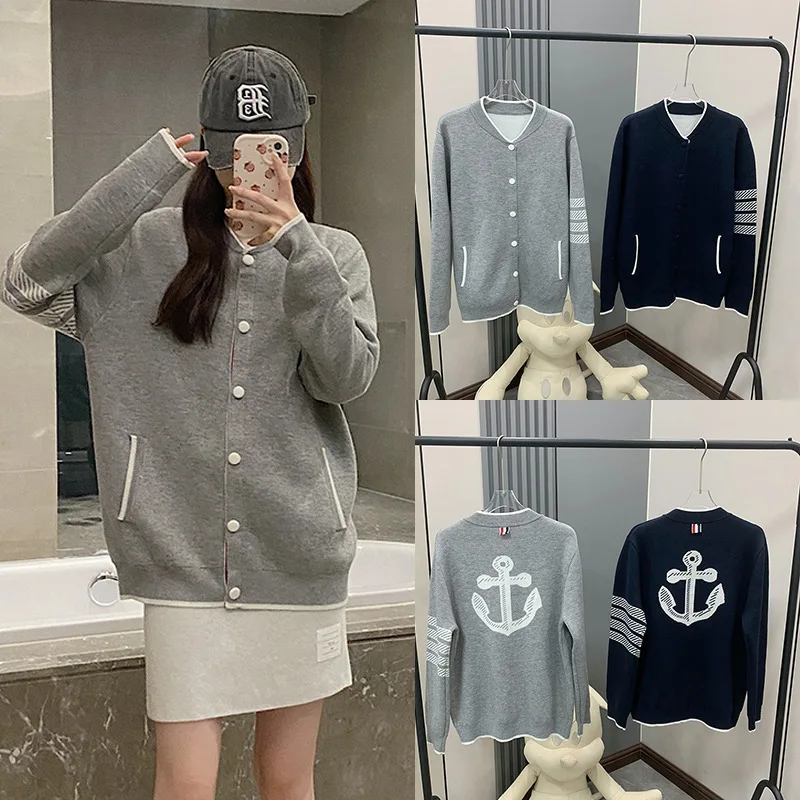 

Fall Winter Sweater Jacket Unisex Couples Coat Striped Slim-fit Boat Anchor Jacquard Knitted Wool Cardigan Baseball Jacket Trend