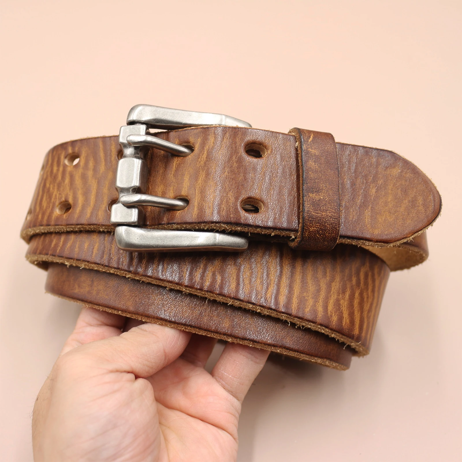Men Top Grain Cowhide Leather Belt Vintage Pin Buckle Distressed Leather Strap Casual Jeans Waist Accessory