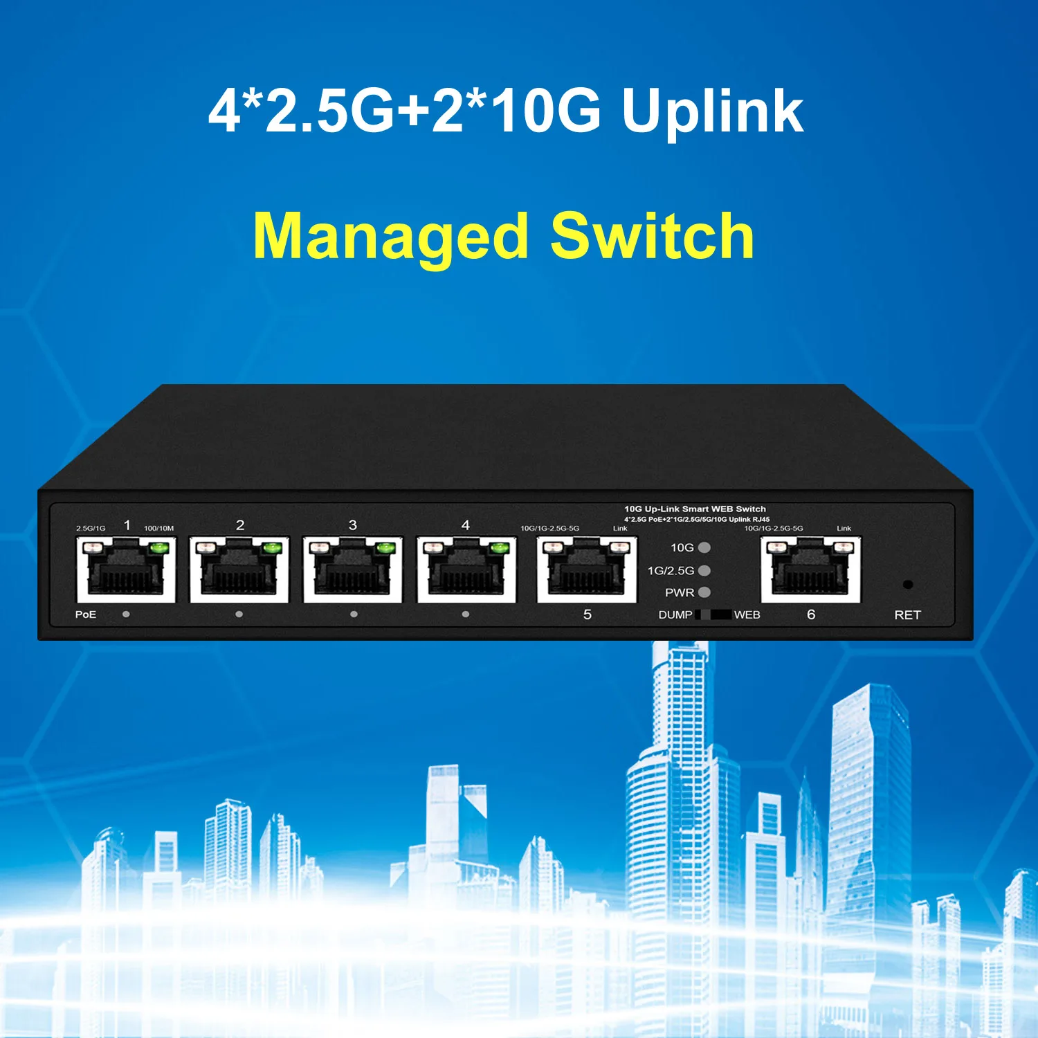 2*10G RJ45 Uplink 4 Ports 2.5G POE Switch 802.3bt/at web managed