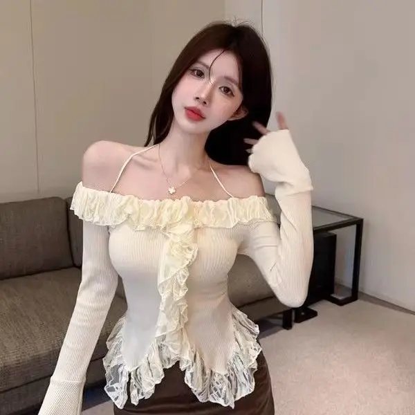 Skinny Irregular Hanging Neck Knitted Top Pure Desire Style One Shoulder Lotus Leaf Lace Patchwork Bottom Shirt for Women