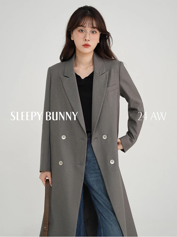 

Vintage Gray Blazer Trench Coat Women Loose Mid-Length Suit Jacket for Petite Autumn Formal Outerwear Structured Shoulder Design