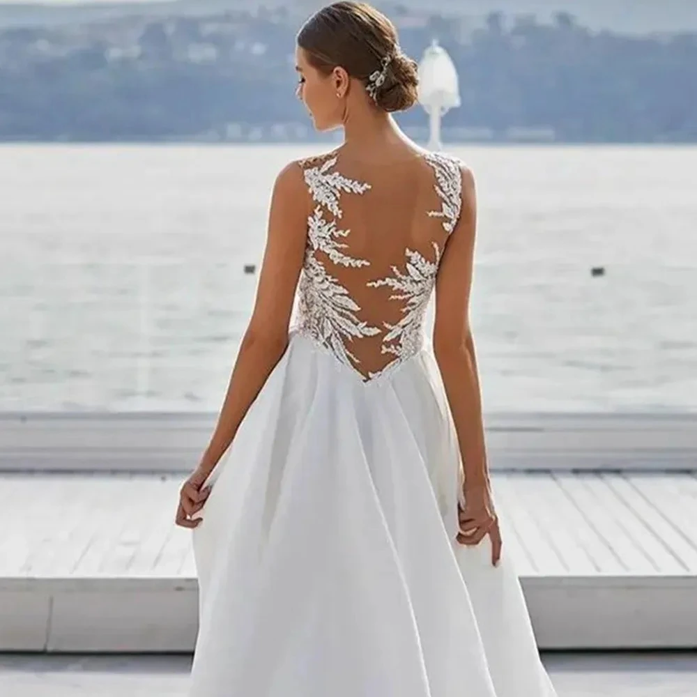 Vestidos De Novia con cuello en V para mujer, en la espalda con ilusión Vestidos De Novia, túnicas elegantes De satén para fiesta Formal, 2024