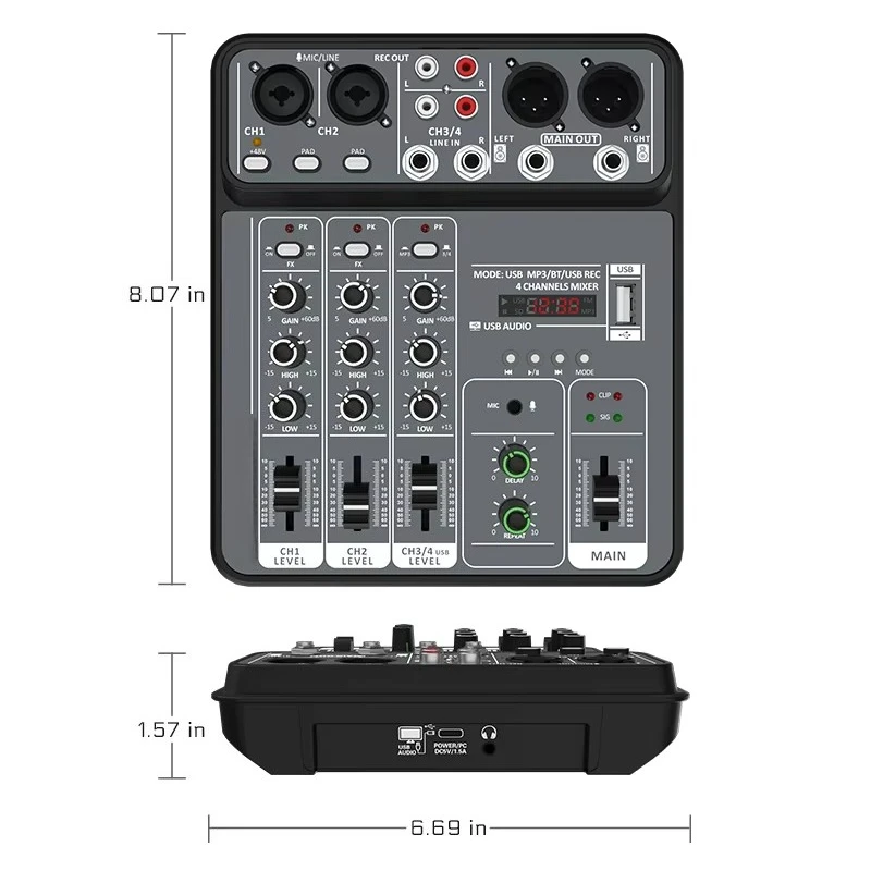 4-Channel USB mixer, small sound card, home live recording, stage audio mixer