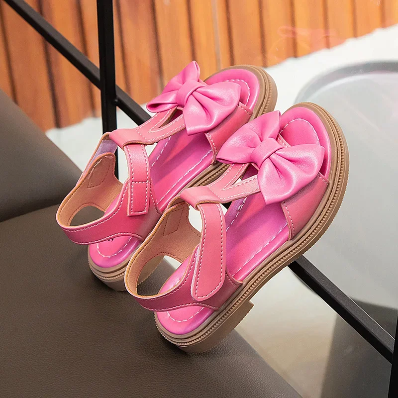 Girls Summer Pink Sandals for School Fashion Princess with Bow-knot T-strap Open Toes Soft Children Beach Shoes All Match Style