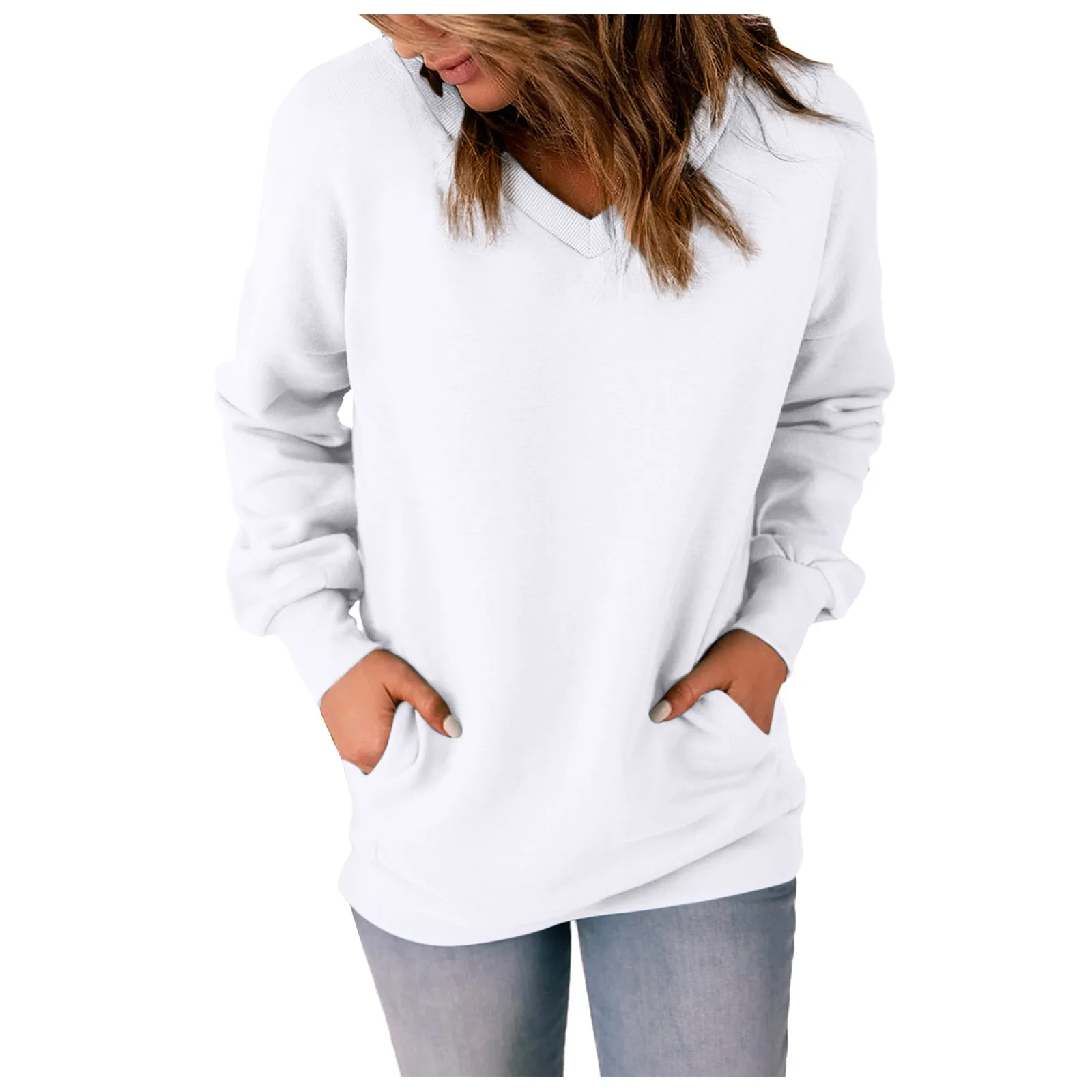 Womens Casual V Neck Sweatshirt Loose Soft Long Sleeve Pullover Tops Solid Shirts With Side Pockets plus rozmiar topy