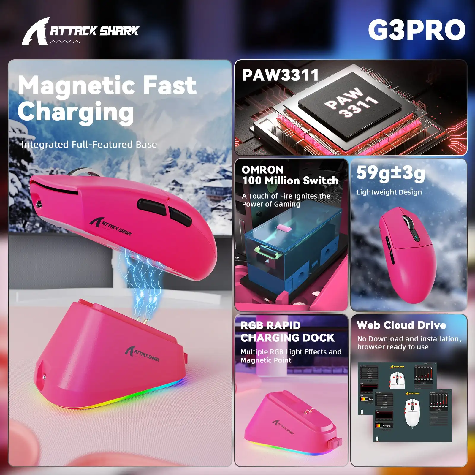 Mouse Gaming ATTACK SHARK G3PRO Wireless 25000 DPI | 59g Ultraleggero Con Dock Magnetico | PC/Xbox/Mac