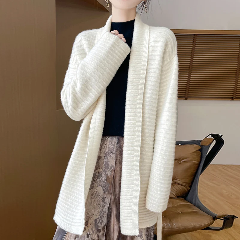 Autumn Winter New 100% Merino Wool Cardigan Women\'s Mid to Long Thick Sweater Jacket Fashionable Korean Knitted Large Size Tops