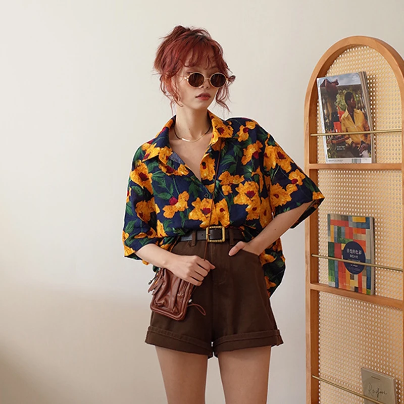 Summer New Floral Blouse Polo Neck Short Sleeve Loose Button Printing Street Casual Shirt Tops Fashion Vintage Women Clothing