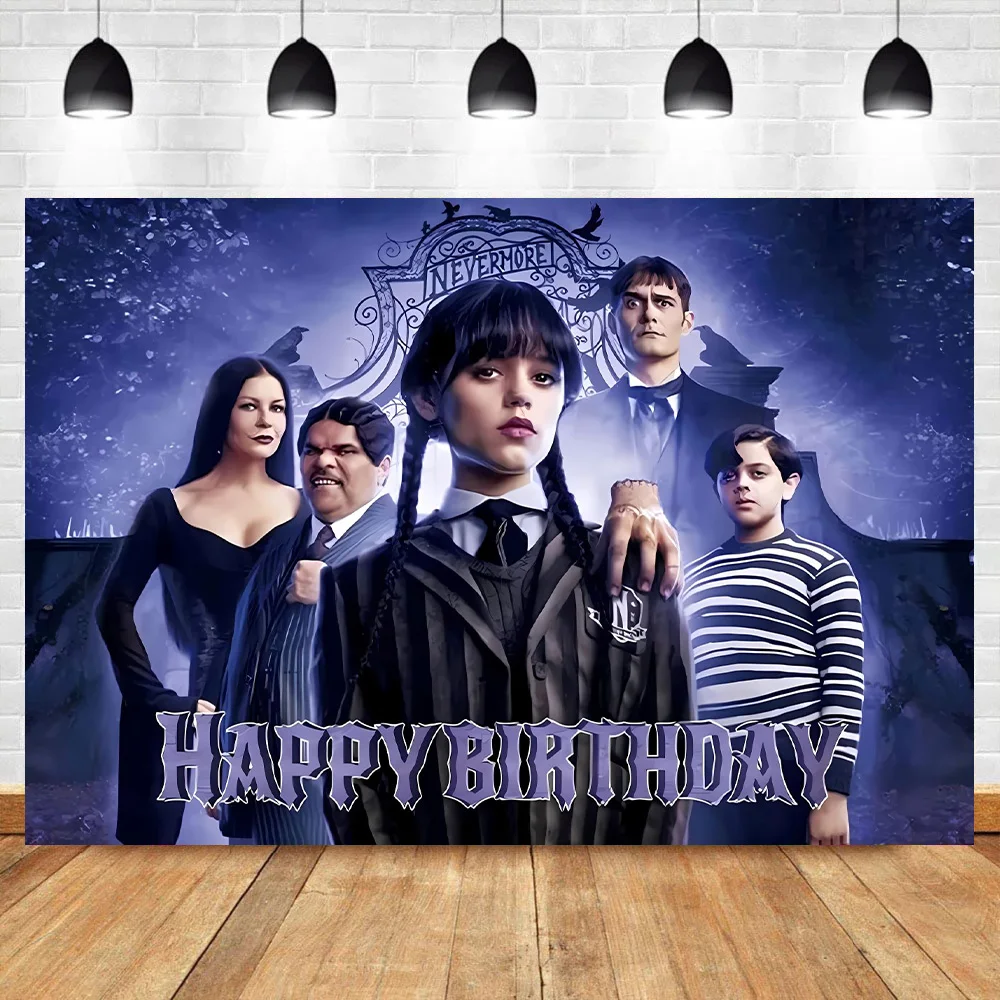 Wednesday Addams Family Background Baby Shower 1st Birthday Backdrop Hand Dance Horror Movie Photography Party Banner Customize