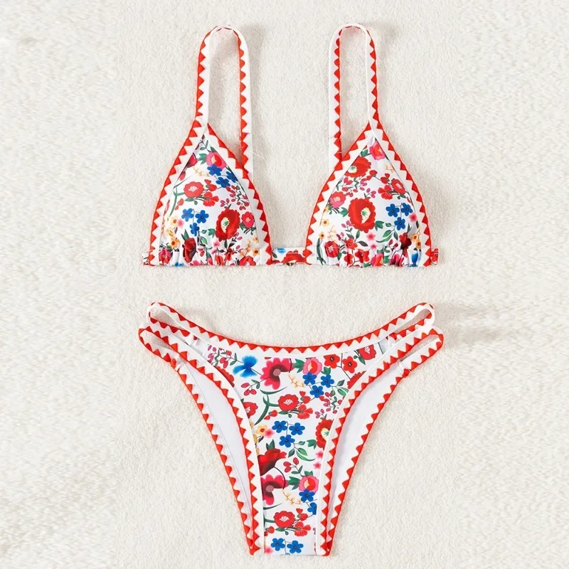 Women's Swimsuits Boho Floral Ditsy Print String Thong Bikini Set of 2 Pcs Sexy High Cut Swimwear Bathing Suit