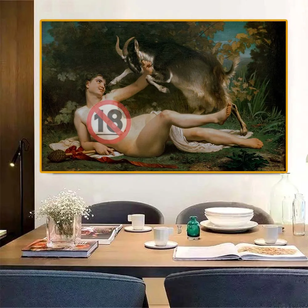 William Adolphe Bouguereau《Naked girl and goat》Canvas Oil painting Art Poster Picture Modern Wall Decor Home Decoration